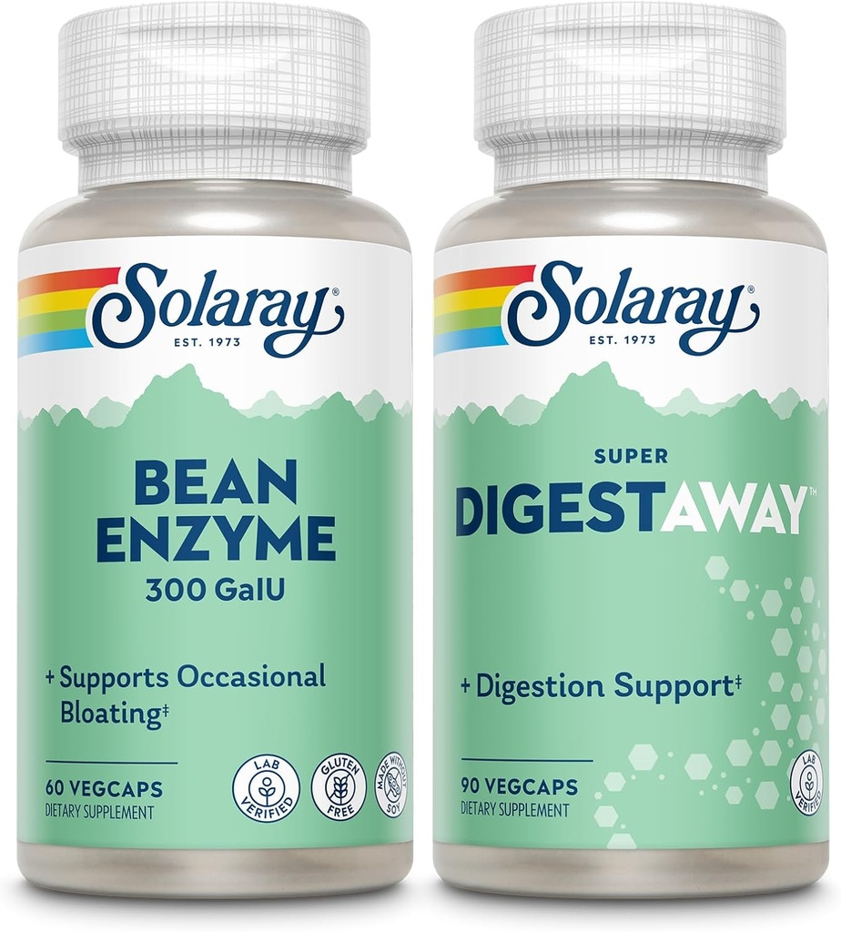 SOLARAY Bean Enzyme and Super Digestaway - Digestive Enzymes Bundle - Alpha Galactosidase, Papain, Ginger, Pepsin, Betaine HCl, Aloe Vera και More - Υποστήριξη απορρόφησης και θρέψης, 60/90ct