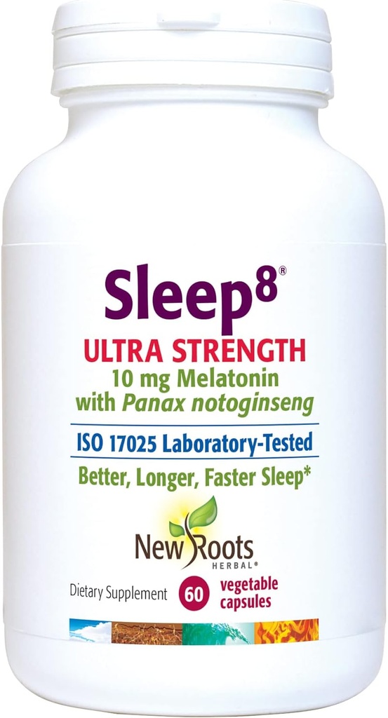 NEW ROOTS HERBAL Natural Sleep Supplement, 8-in-1 Ultra- Strenth Formula with Passion Flower, χαμομήλι, λυκίσκος, Panax Gingseng, Skullcap, Magnesium, 10 mg μελατονίνης (60 Veg Caps)