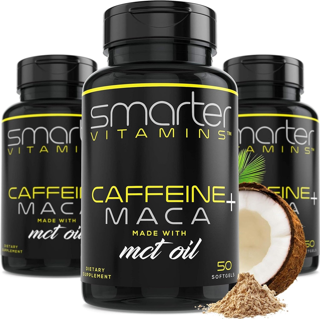 (3 Pack) Έξυπνα χάπια ενέργειας, 200mg καφεΐνη & καρύδα MCT Λάδι με ρίζα Maca, 150 υγρά Softgels