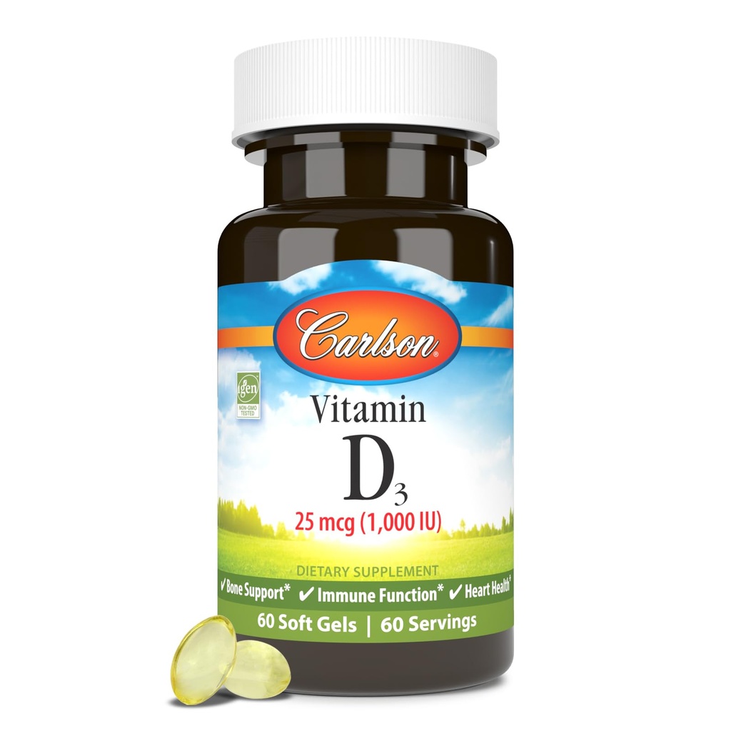 Carlson - Βιταμίνη D3, 1000 IU (25 mcg), Υγεία των οστών, Μυική Υγεία, Χοληκαλσιφερόλη, συμπληρώματα βιταμίνης D, Βιταμίνη D3 Μαλακά Gels, 60 Softgels
