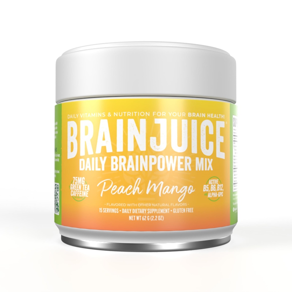 BrainJuice Nootropics συμπλήρωμα υποστήριξης εγκεφάλου, χωρίς γλουτένη σκόνη για την ενέργεια και την εστίαση, μείγμα ποτών με L Theanine, Alpha GPC, Βιταμίνη Β, Βιολογικό εκχύλισμα πράσινου τσαγιού καφεΐνη, Ροδάκινο Mango, 15 εξυπηρετούν