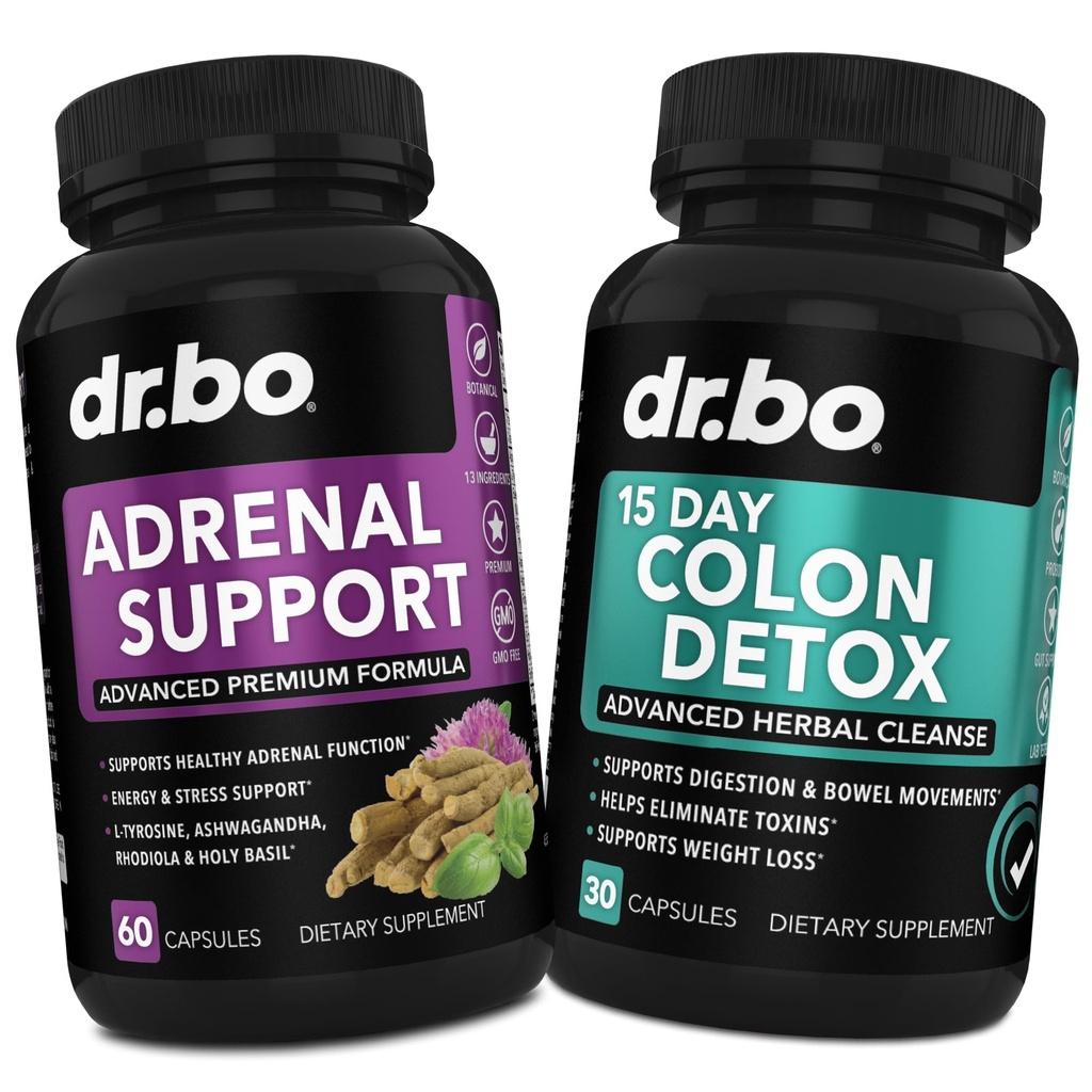 DR. BO Adrenal Support & Colon Cleanse Συμπληρώματα - Adrenal Fatigue συμπλήρωμα με Ashwagandha & L Tyrosine - 15 ημέρες Internal Cleanse χάπια για Bowel Movement Support & Gut Stomach Cleansing