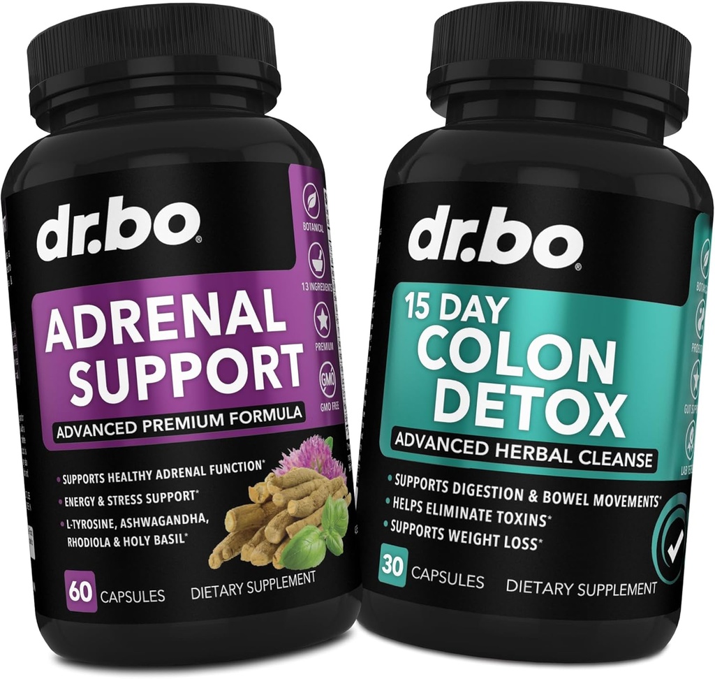 DR. BO Adrenal Support & Colon Cleanse Συμπληρώματα - Adrenal Fatigue συμπλήρωμα με Ashwagandha & L Tyrosine - 15 ημέρες Internal Cleanse χάπια για Bowel Movement Support & Gut Stomach Cleansing