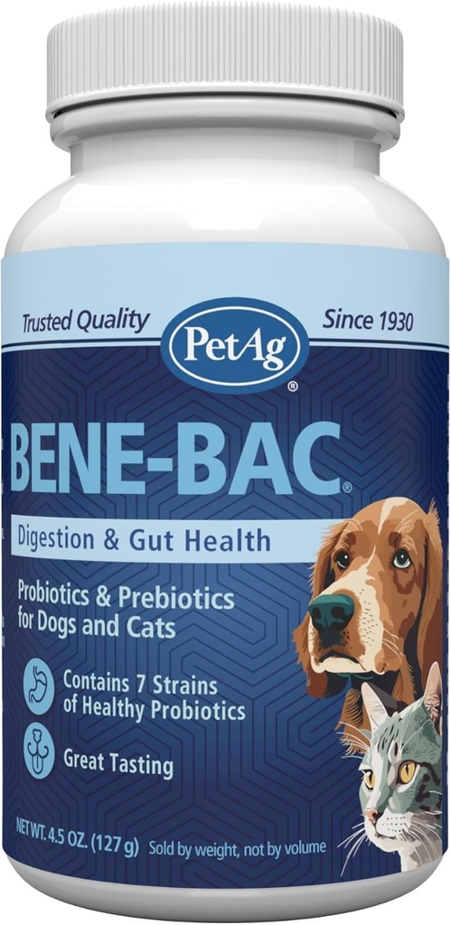 PetAg Bene-Bac - 4.5 oz Powder - FOS & Probiotics for Dogs, Cats, Exotic & Wildlife Mammals