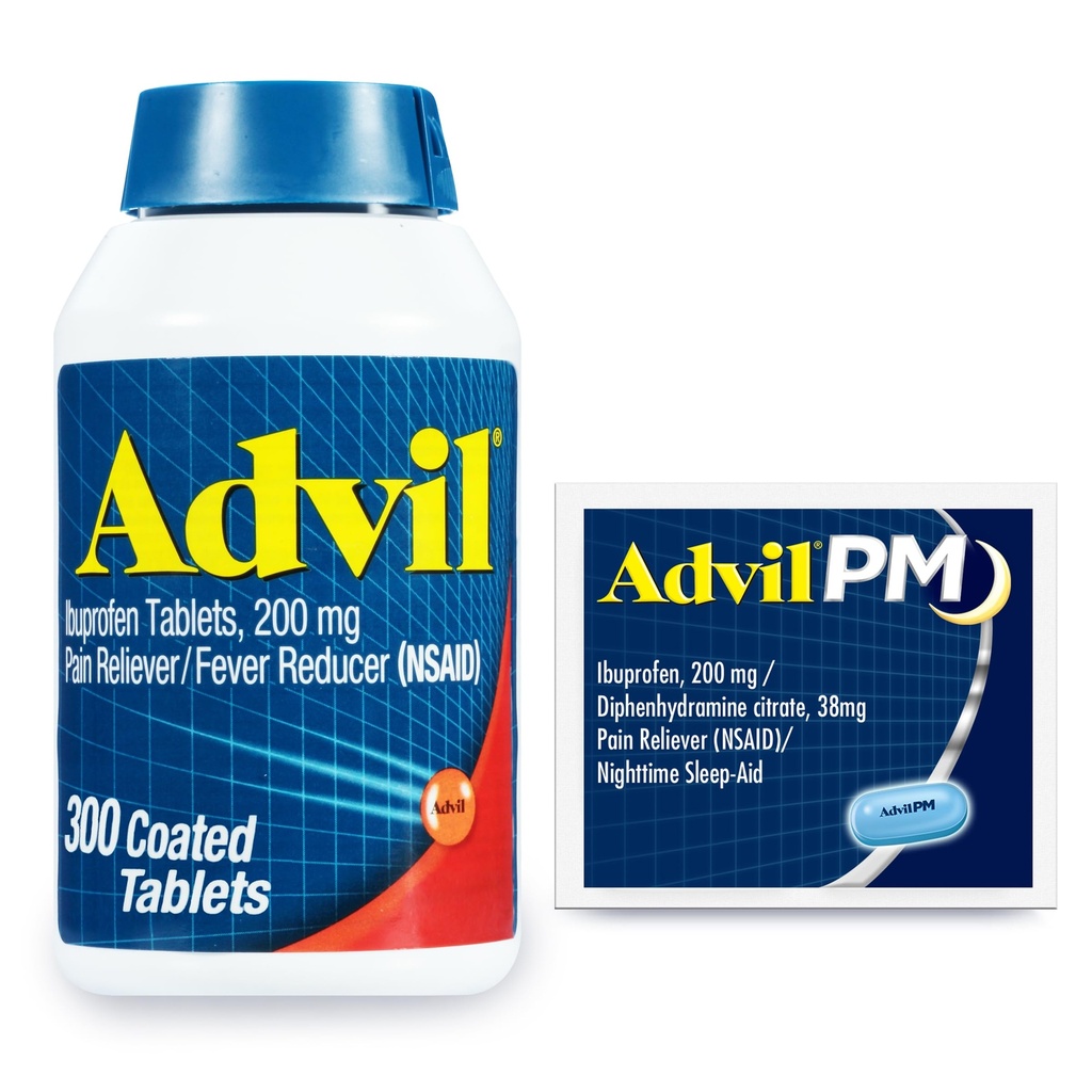 Advil Pain Reliever and Fever Reducer, Ibuprofen 200mg για την ανακούφιση του πόνου - 300 Count, Advil PM Pain Reliever and Nighttime Sleep Aid, Ibuprofen for Pain Relief and Diphenhydramine Citrate - 2 Count