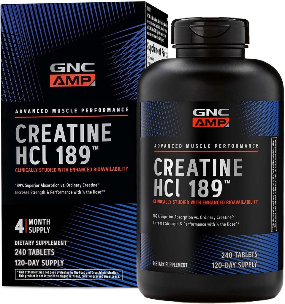 GNC AMP Creatine HCl 189 Χάπια, Κλινικά Αποδεδειγμένη Δύναμη & Μυϊκός Οικοδόμος, Αθλητική Απόδοση, Παραγωγή Ενέργειας, Συμπλήρωμα αποκατάστασης, Γρήγορη Απορρόφηση, Χωρίς Γλουτένη Φόρμουλα, 120 Υπηρεσίες