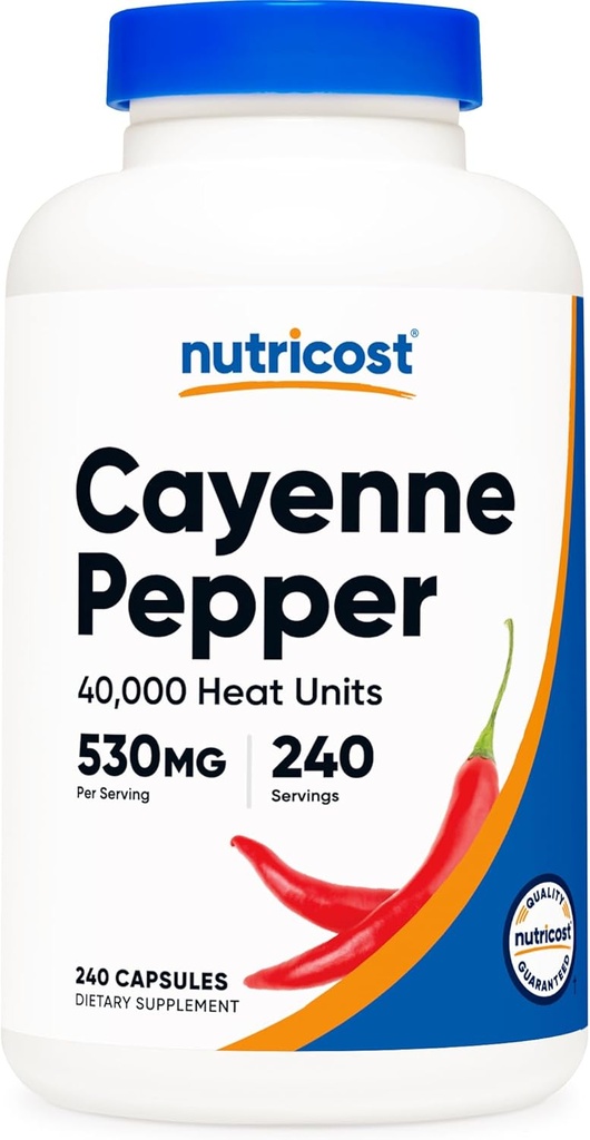 Nutricost Cayenne Pepper 530mg, 240 κάψουλες - 40.000 μονάδες θερμότητας, χωρίς γλουτένη, μη ΓΤΟ