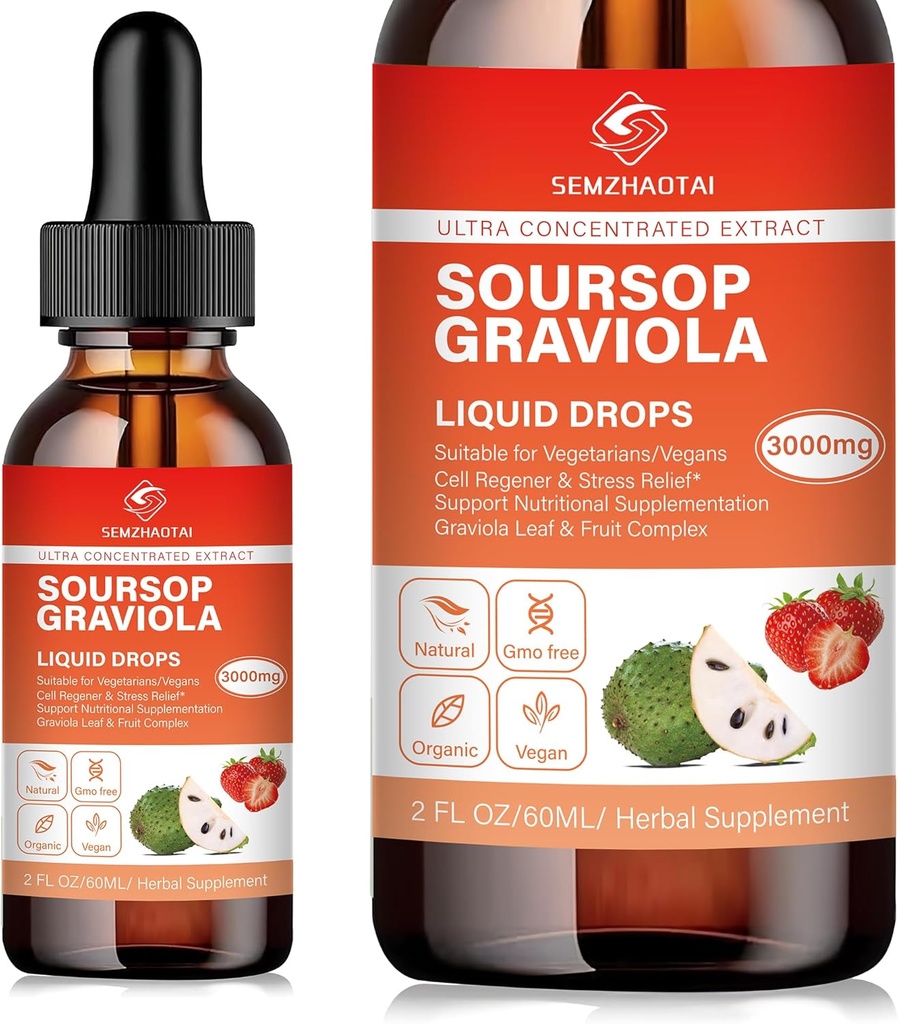 Soursop Graviola Leaf Extract & Sea Moss Liquid Drops - Υποστήριξη κυττάρων, Ανοσία Boost, Ηπατική Υγεία, Βοήθεια για τον Ύπνο & Αντιοξειδωτικά - Pure Soursop Bitters, 2 Μήνες Προσφορά, 2 Fl Oz (2oz, Φράουλα)