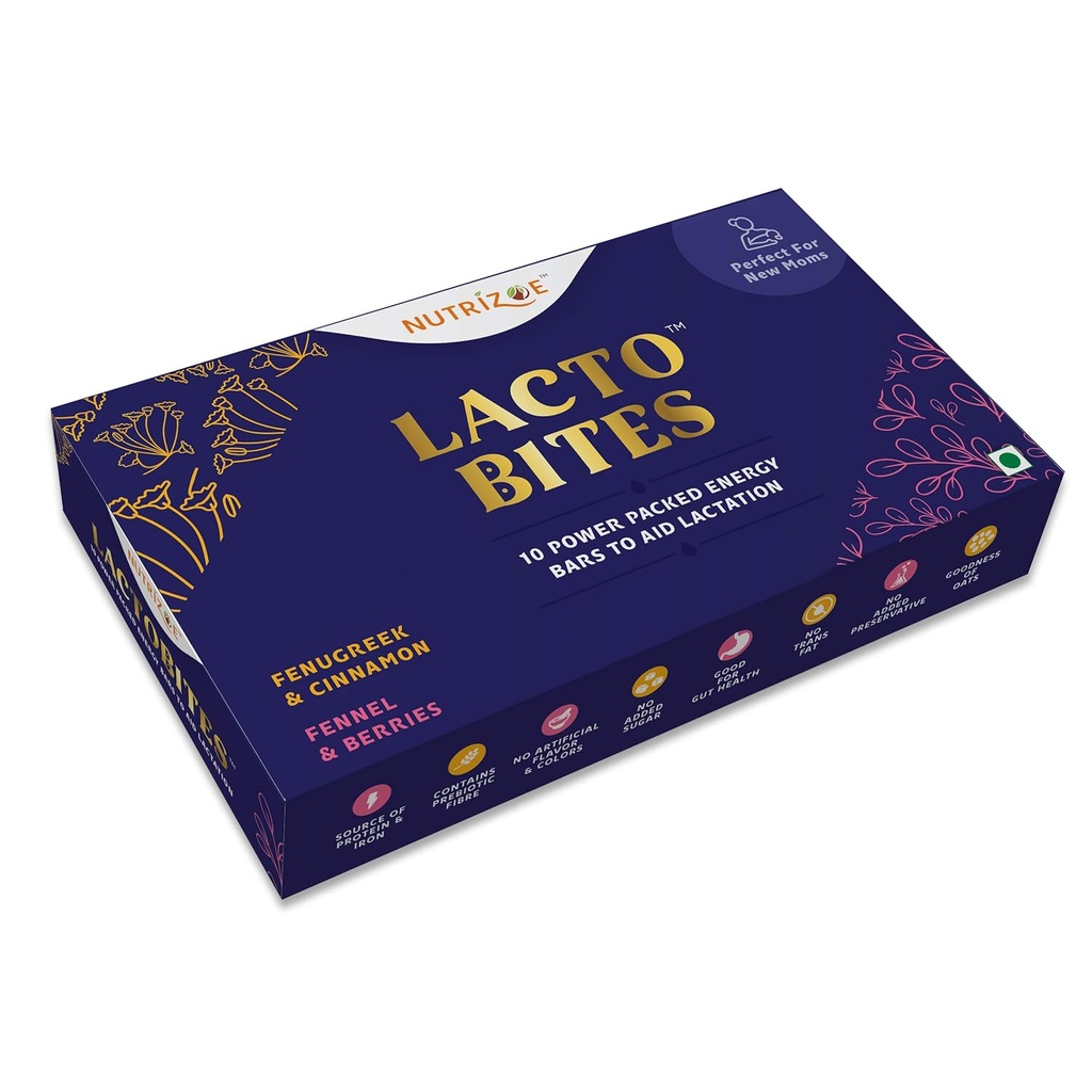 Nutrizoe Lactobites - Power Packed to Aid Γαλουχία για την αύξηση της προσφοράς γάλακτος και εύκολο θηλασμό, 450 Gm (10 Bars)