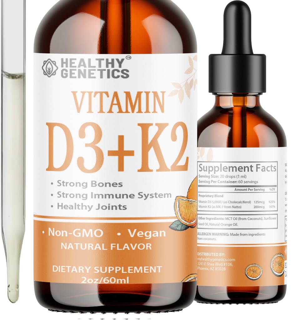 Liquid Vitamin D3 K2 Plus Vitamin K2 MK-7 | 5000IU Vitamin D Liquid Drops | Bones | Immune | Heart Health | Boost Energy 2oz