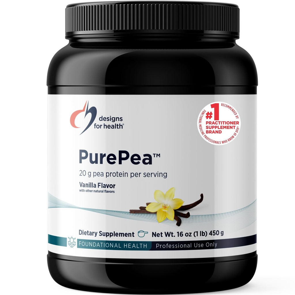 Designs for Health PurePea - 20g Vegan Pea Protein, μη ΓΤΟ Συμπλήρωμα σκόνης μειγμάτων φυσικών ποτών, Βανίλια (15 μερίδες / 450g)