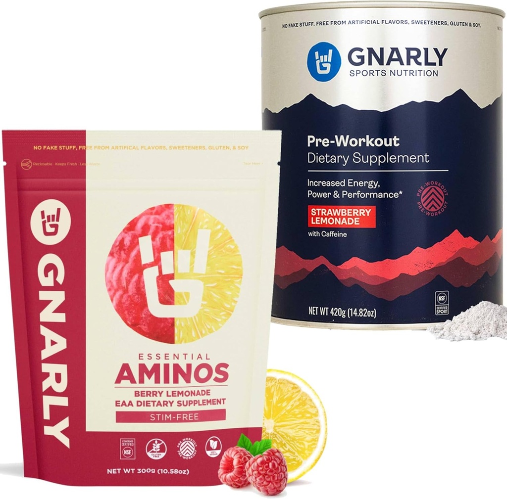 Gnarly Nutrition Gnarly Preworkout Λεμονάδα φράουλας (14.82oz) Aminos Berry Lemonade Caffeine Free (10.58oz)