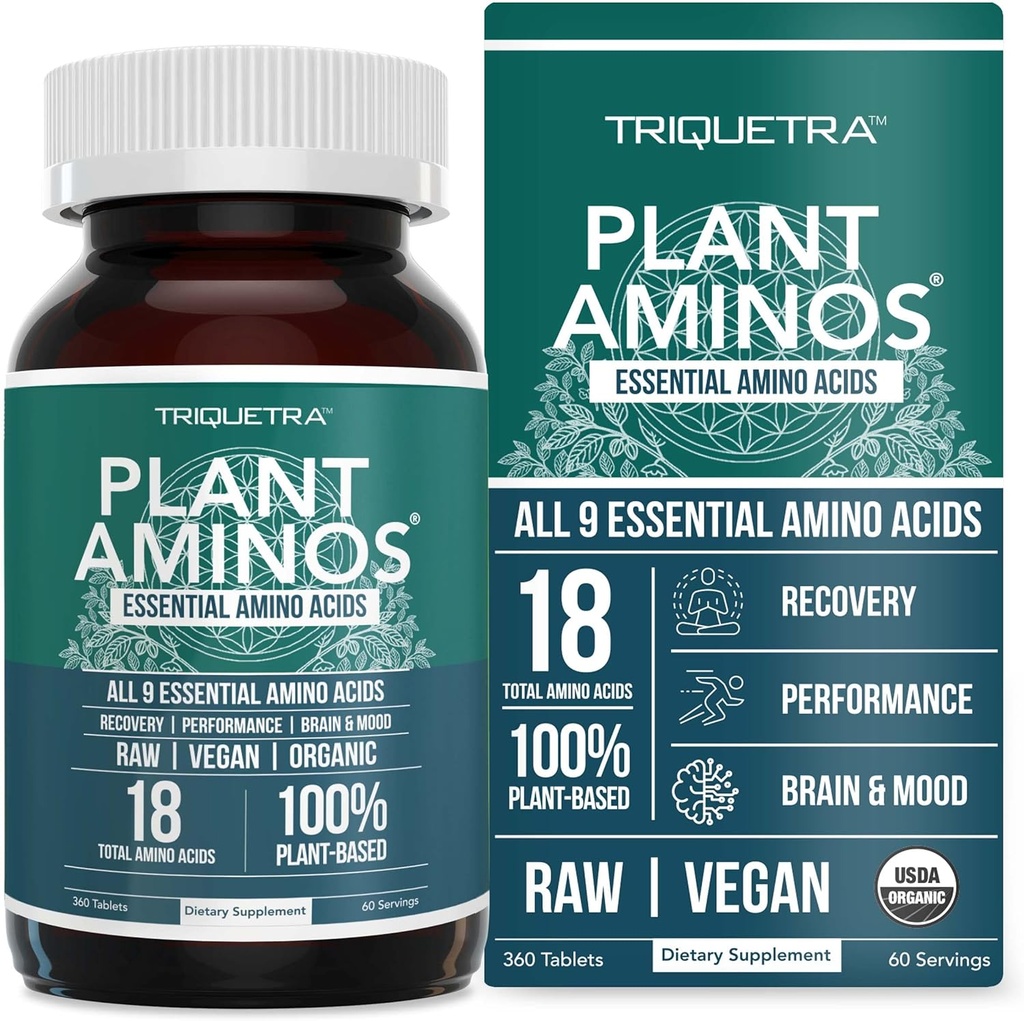Φυτό Aminos Organic Essential Amino Acids (EAAs) & BCAA - 100% Φυτικά Ακατέργαστα, Vegan - Όλα 9 Αμινοξέα με 18 Ολικά Αμινοξέα (360 δισκία)