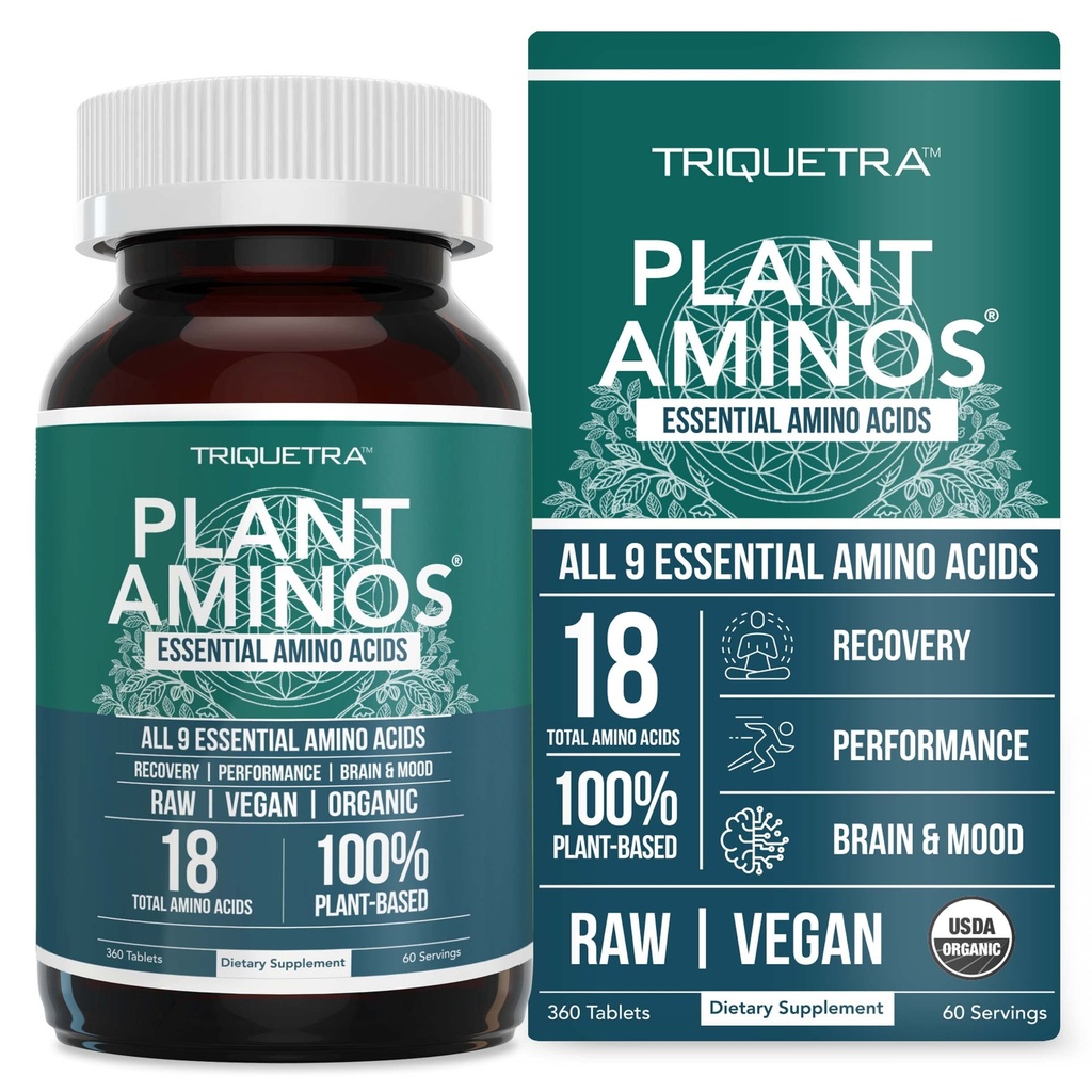 Plant Aminos Organic Essential Amino Acid Supplement (EAAs) & BCAA - 100% Plant-based Raw, Vegan - Όλα τα 9 Essential Amino Acids με 18 Ολικά Αμινοξέα (360 δισκία)