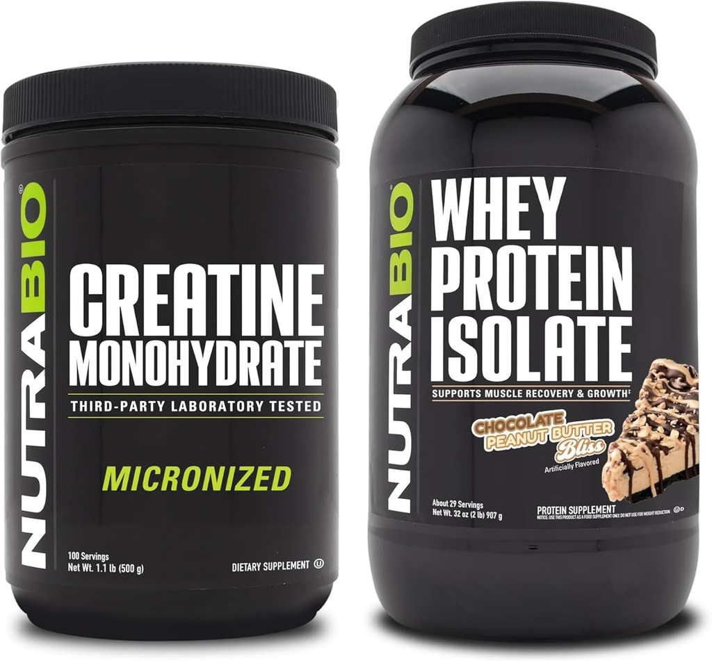NutraBio Creatine Monohydrate, Unflavored, 500g και πρωτεΐνη Whey Isolate, σοκολάτα φυστικοβούτυρο, συμπλήρωμα Bundle - μυϊκή ενέργεια, μυϊκή ανάπτυξη, ανάκτηση, και δύναμη