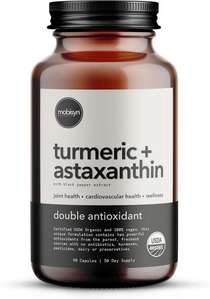 Organic Astaxanthin 12mg Plus Turmeric 1500mg, Black Pepper Extract, Υψηλή Απορρόφηση, Μάτι, Καρδιά, Δέρμα, Κοινή, Vegan, Χωρίς Γλουτένη, Μη-ΓΤΟ, Διπλό Αντιοξειδωτικό, Turmeric Curcumin Supplement, 30-Ημέρες
