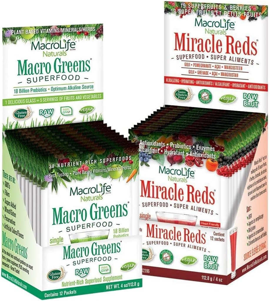 MacroLife Naturals Macro Greens & Miracle Reds Ανοσία Bundle - Superfood Antioxidant - Βότανο, Φρούτα & μούρα Προβιοτική Ανοσία Μη ΓΤΟ, Vegan, Χωρίς γλουτένη, Γαλακτοκομικά - 24 συσκευασίες
