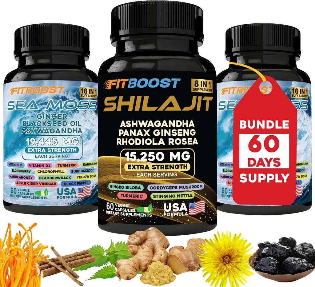 60Day Supply Sea Moss and Shilajit Bundle for Men All-in-1 Dynamic Vitality Bundled Seamoss Black Seed Oil Ashwagandha Burdock Root Delicately Prepared for You to Raintain & Regain Strength