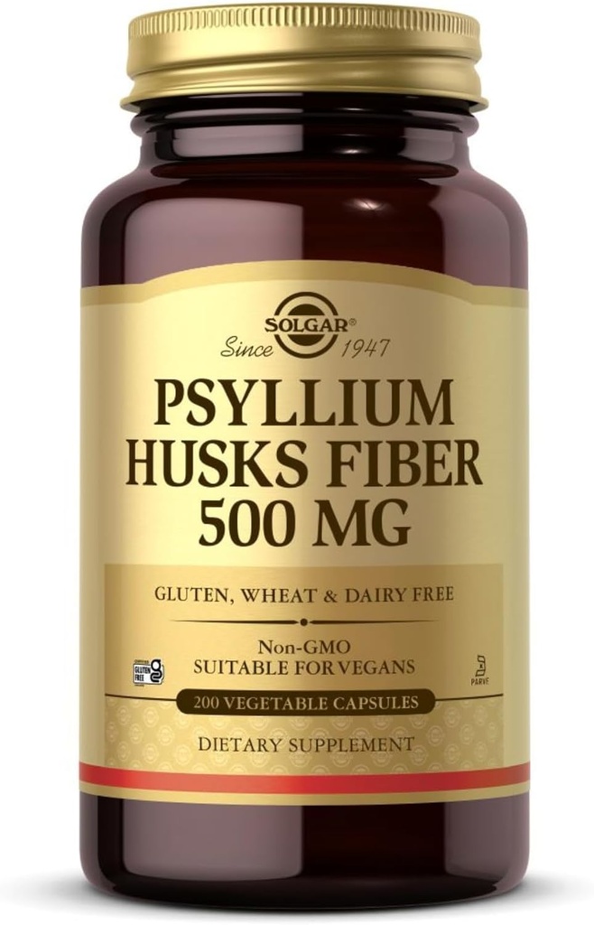Solgar Psyllium Husks Fiber 500 mg - 200 κάψουλες λαχανικών - Μη ΓΤΟ, Vegan, Χωρίς γλουτένη, Χωρίς γαλακτοκομικά, Kosher - 100 Σερβιέτες