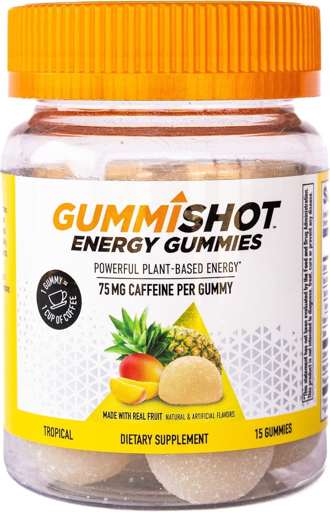 GummiShot Energy Gummies, 1125 mg με βάση το φυτό Caffeine Chews ανά φιάλη, Long Lasting Energy Boosters, Tropical (15ct)