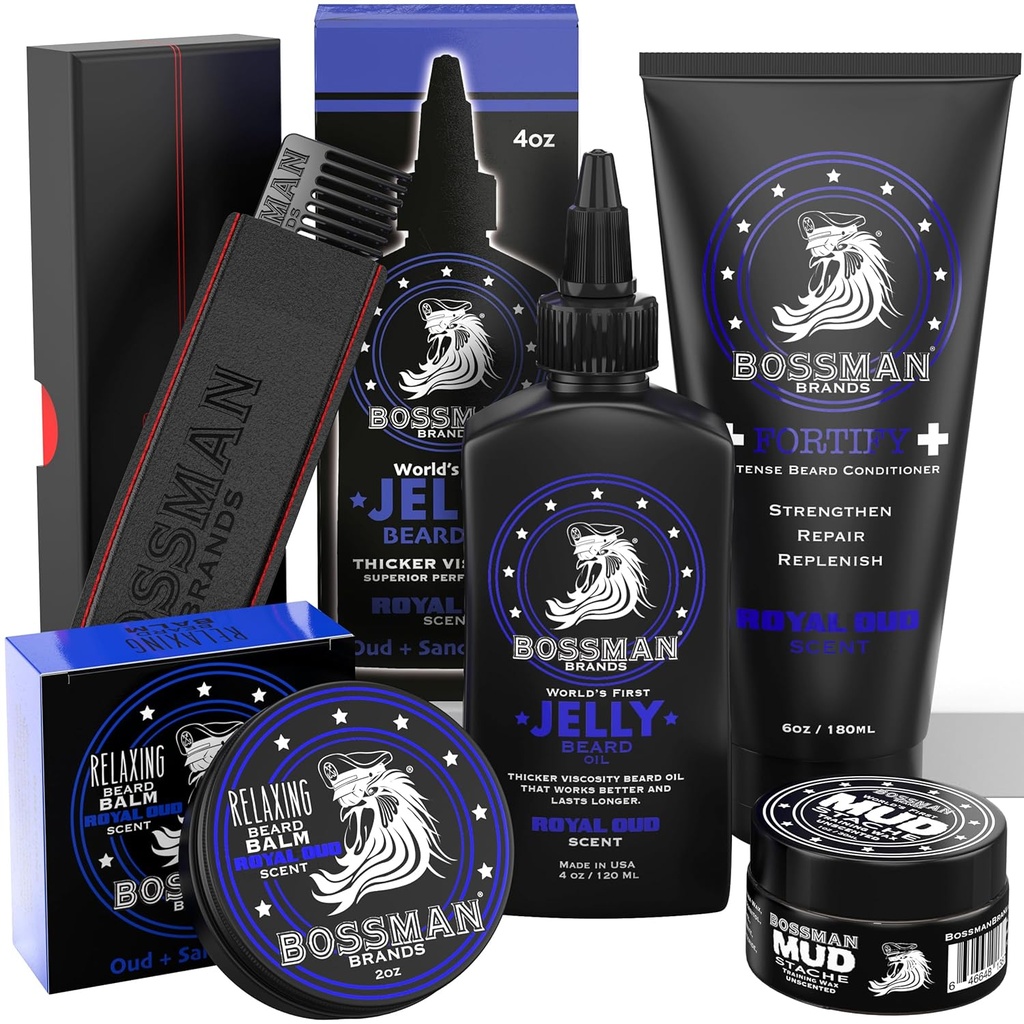 Bossman Complete Beard Kit – Men's Beard Oil Jelly, Fortifying Shower Conditioner, Balm, Mustache Wax & Comb – Beard Softener & Grooming Care – Men Gift Set (Royal Oud Scent)