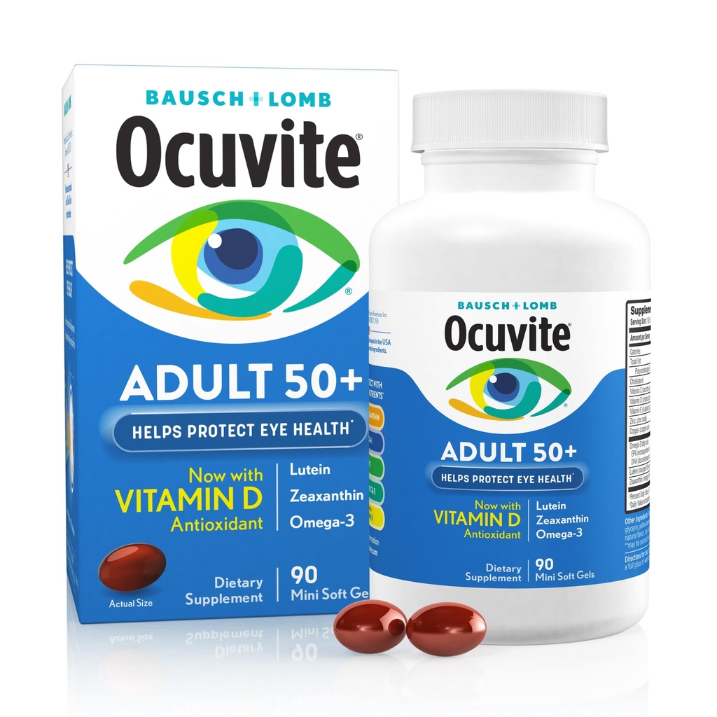 Ocuvite 50+ Eye Vitamin & Mineral Supplement, Multivitamin for Vision & Our Health with Omega-3, Zinc, Vitamins C & E, Lutein & Zeaxanthin, Συμπληρώματα ψευδαργύρου για γυναίκες και άνδρες, 90 Softgels