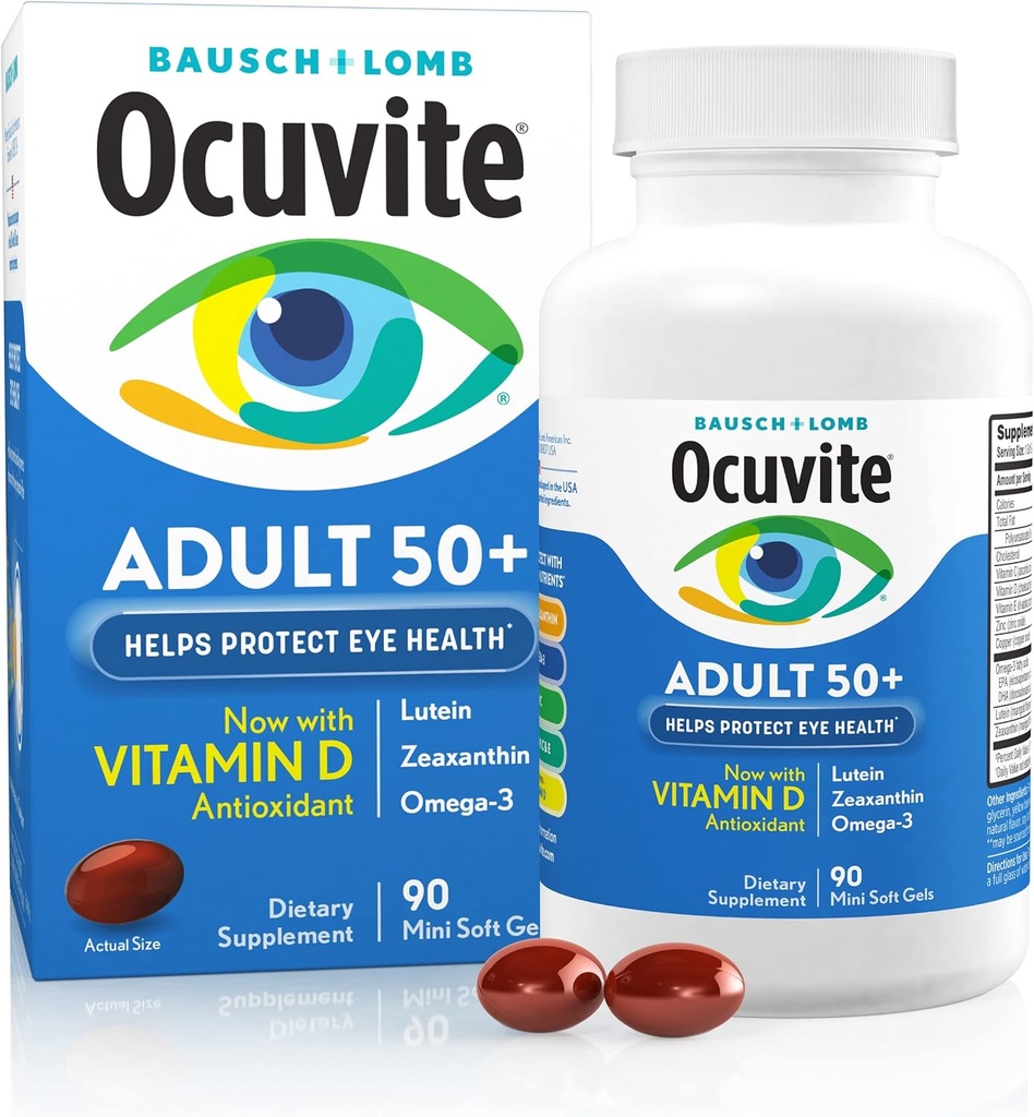 Ocuvite 50+ Eye Vitamin & Mineral Supplement, Multivitamin for Vision & Our Health with Omega-3, Zinc, Vitamins C & E, Lutein & Zeaxanthin, Συμπληρώματα ψευδαργύρου για γυναίκες και άνδρες, 90 Softgels
