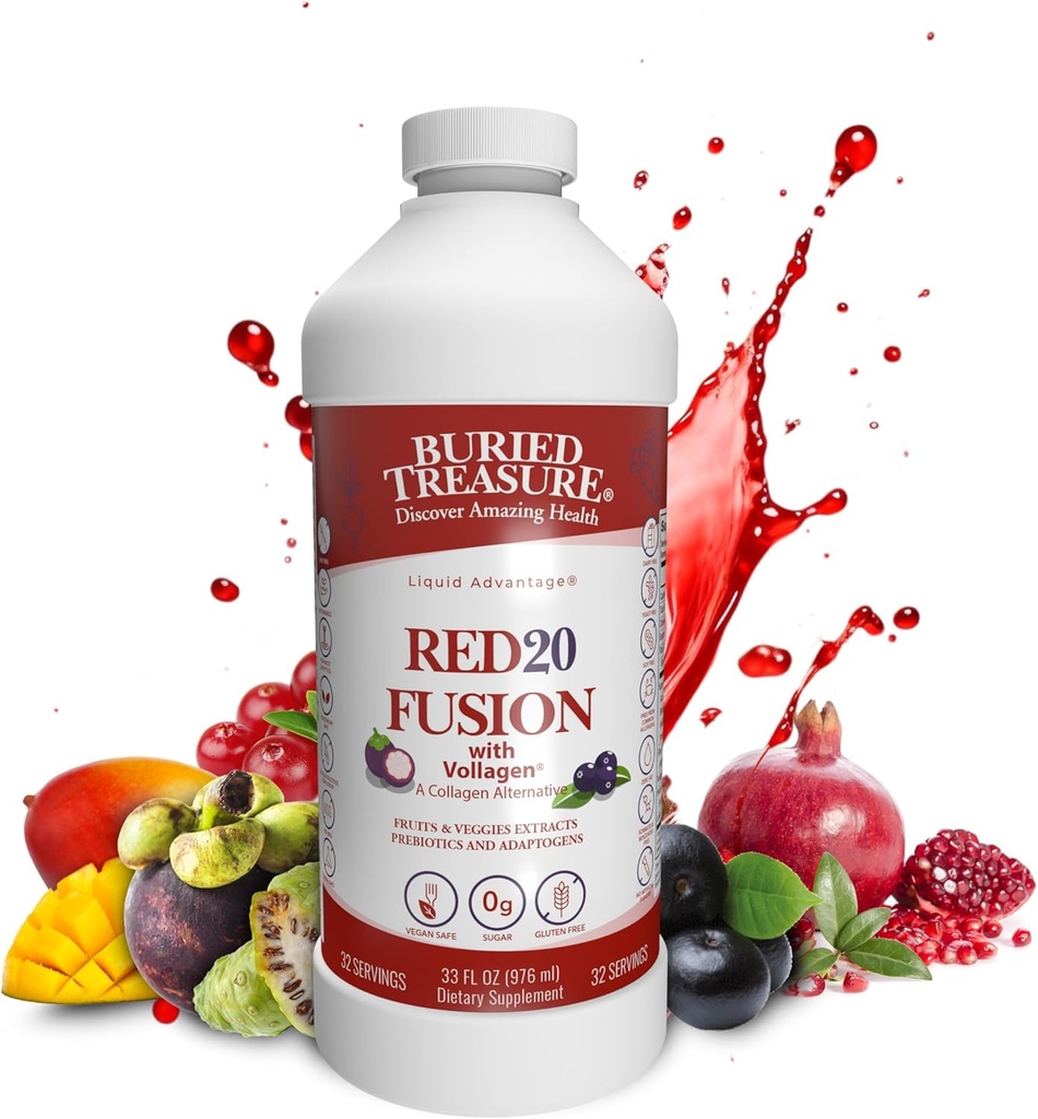 Θαμμένο Treasure Red20 Fusion Superfood Blend – Acai, Beets, Blueberry, Fiber, Adaptogens, Lutein, Vegan Vollagen, Φυσική ενέργεια, Dibestion, Eye Health & Wellness Support, 32oz Liquid