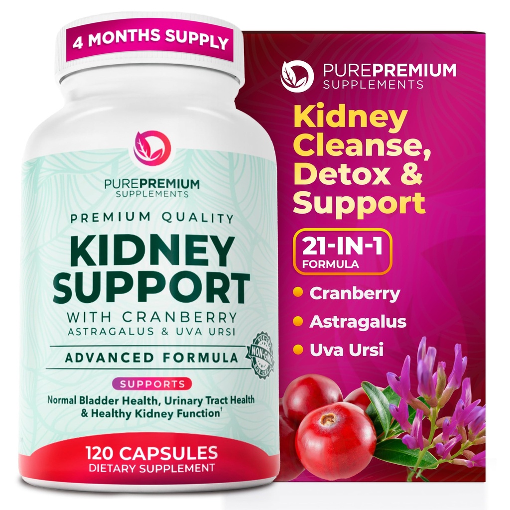 PurePremium Kidney Support Supplement – Kidney Cleanse Detox & Repair with Cranberry Extract & Astragalus - 21-in-1 Complex Supports Normal Bladder, Urinary Tract & Kidneys Health - 120 Day Supply