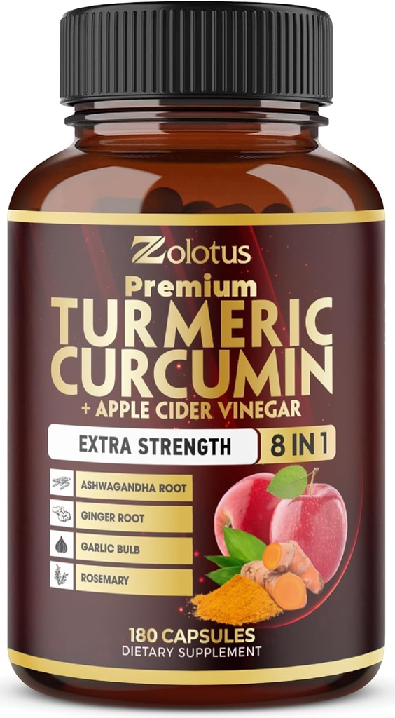 7 in 1 Turmeric Curcumin + Apple Cinder Vinegar Capsules, 6 Month Supply with Ashwagandha, Ginger, Garlic Bulb, 180 Capsules