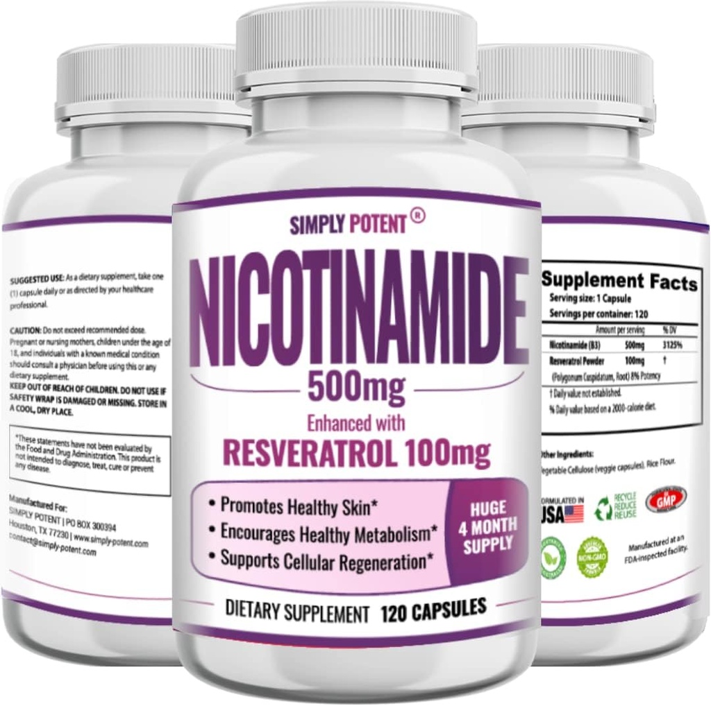 Nicotinamide 500mg with Resveratrol 100mg - 120 Veggie Capsules - Vitamin B3 Supplement Pills to Support NAD, Skin Cell Health & Energy