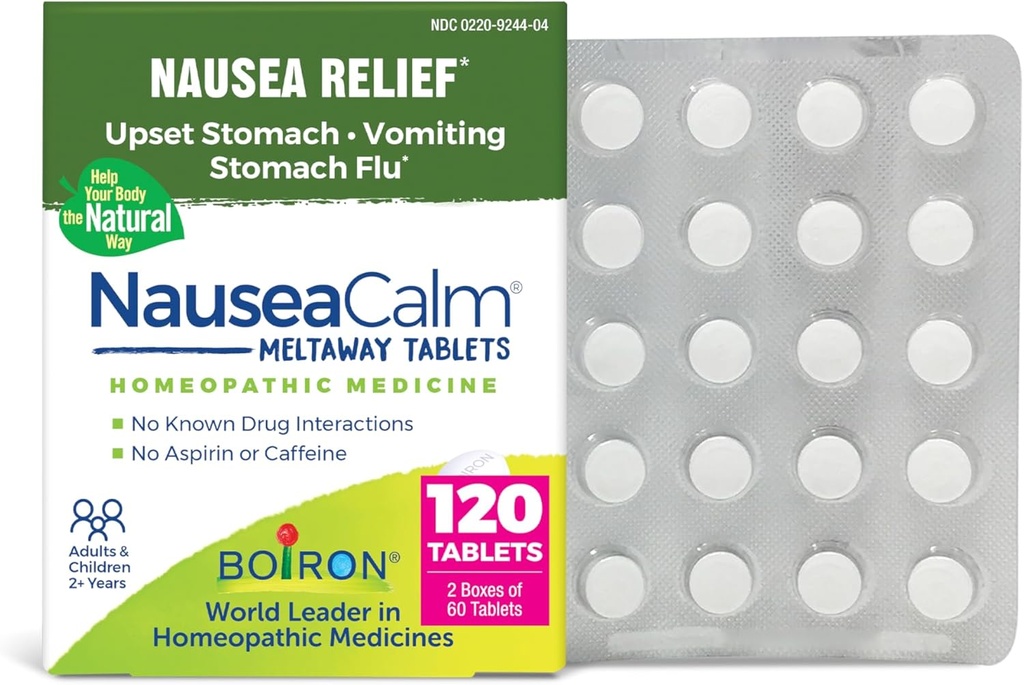 Boiron NauseaCalm Relief for Upset Stomach, Nausea, and Vomiting Due to Stomach Flu, Overindulgence, or Motion Sickness - Non-Drowsy - 120 Count (2 Pack of 60)