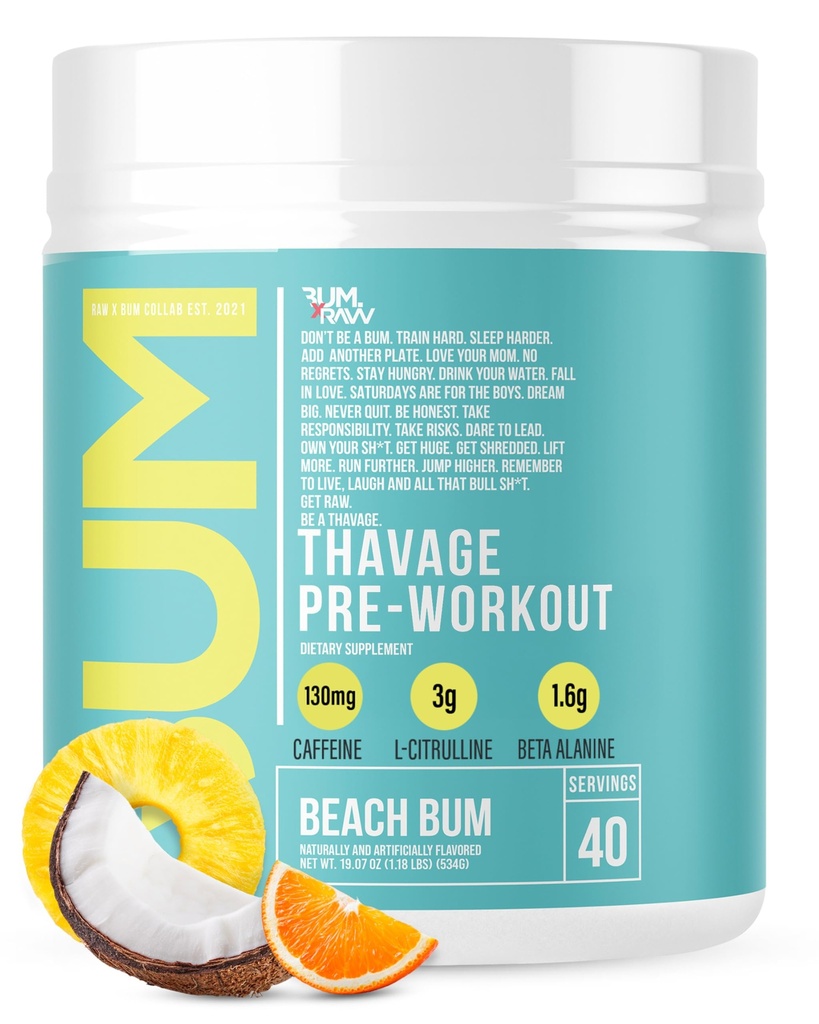 RAW Προ προπόνησης σκόνη, Thavage (Beach Bum) - Chris Bumstead Sports συμπλήρωμα διατροφής για άνδρες & γυναίκες - Cbum προ προπόνηση για την προπόνηση, ενυδάτωση, ψυχική εστίαση & ενέργεια - 40 υπηρεσίες
