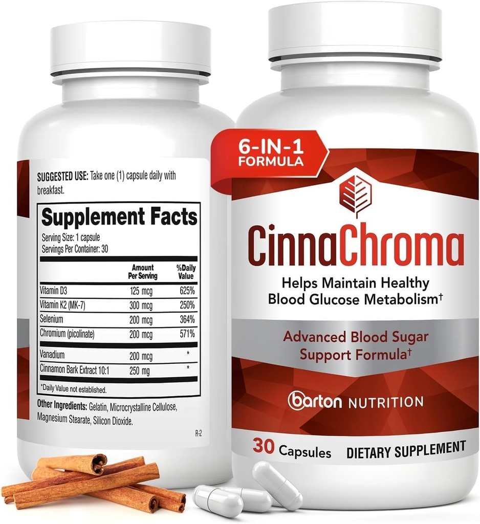 CinnaChroma Capsules - Cinnamon Supplements with 10:1 Extract, Chromium, Vanadium, Selenium, Vitamin D3 & K2 - Natural Sugar Blocker - 30 Capsules, 1 Month Supply