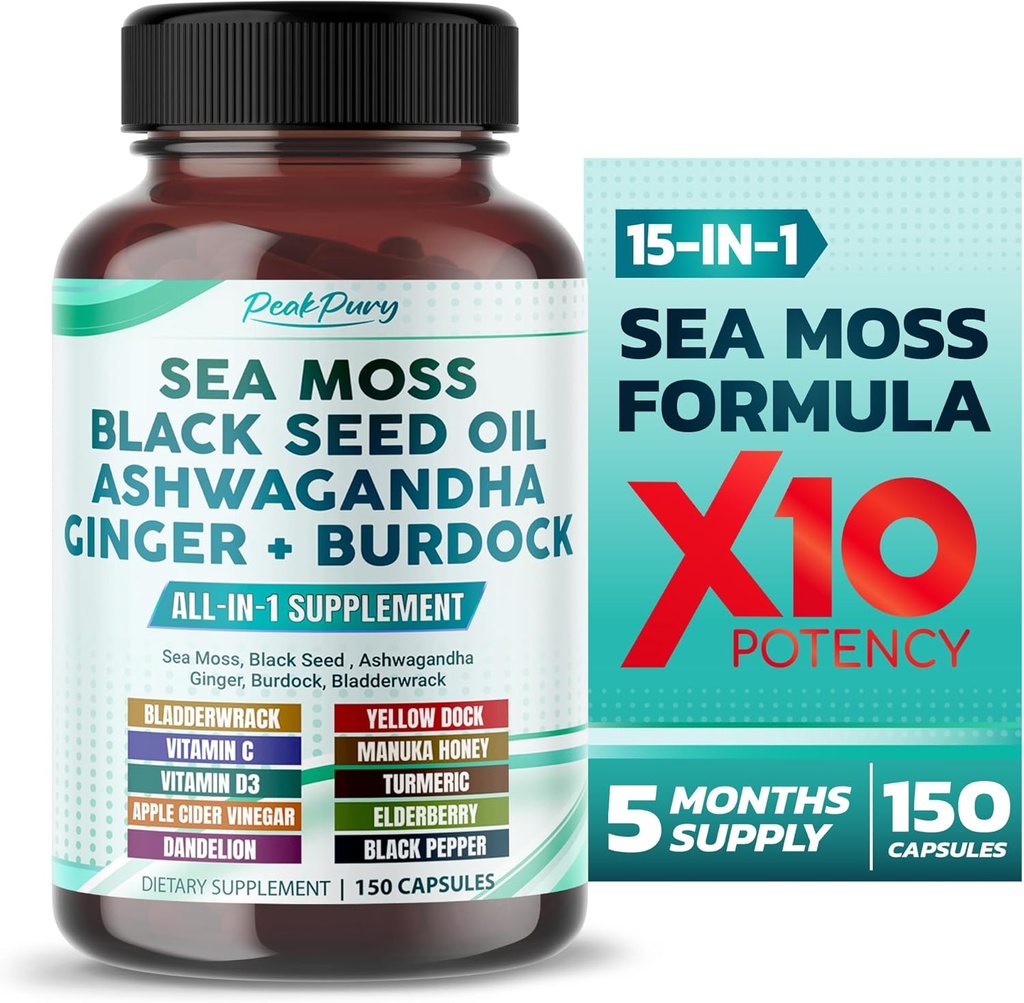 Sea Moss Black Seed Oil Ashwagandha Ginger Burdock Bladderwrack - Υποστήριξη Ανοσίας - Κατασκευάζεται στις ΗΠΑ