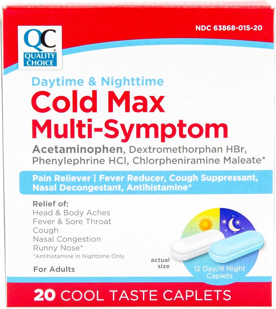 Quality Choice Day & Night Cold Max Multi-Symptom, Ψυχρή & Γρίπη Ιατρική, Πόνος Reliever, Πυρετός Μειωτής, Βήχα Καταπιεστικό, Nasινικό Αποσυμφορητικό, 24 ώρες ανακούφιση Cool Taste Caplets