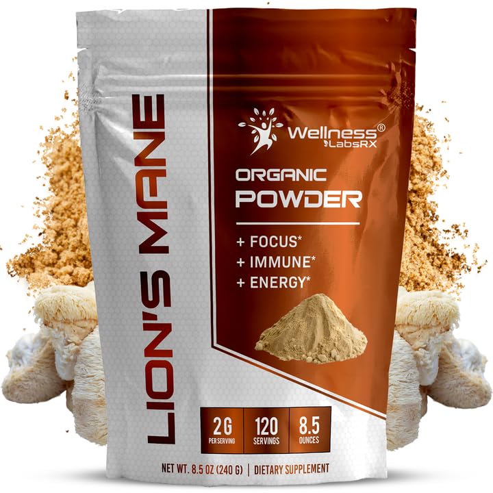 WELNESS LABSRX Lions Mane Powder, Mushroom Supplement - 2000mg - Lions Mane Supplement - Lion's Mane Mushroom Powder Brain Συμπληρώματα μνήμης και εστίασης, ανοσοποιητική υποστήριξη και υγεία - 120 Services