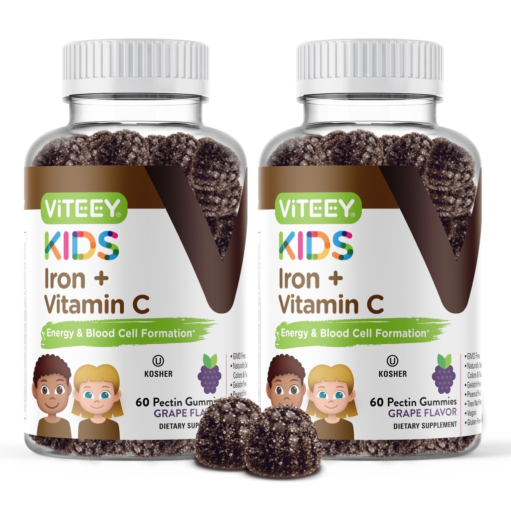 VITEEY Iron for Kids with Vitamin C - Υποστηρίζει την ενέργεια, τη σύνθεση κυττάρων αίματος, Blood Builder Anemia Kids Iron Supplements - Vegan, Gelatin Free, Gluten Free - Νόστιμο Cheastable Grape Flavored Gummy