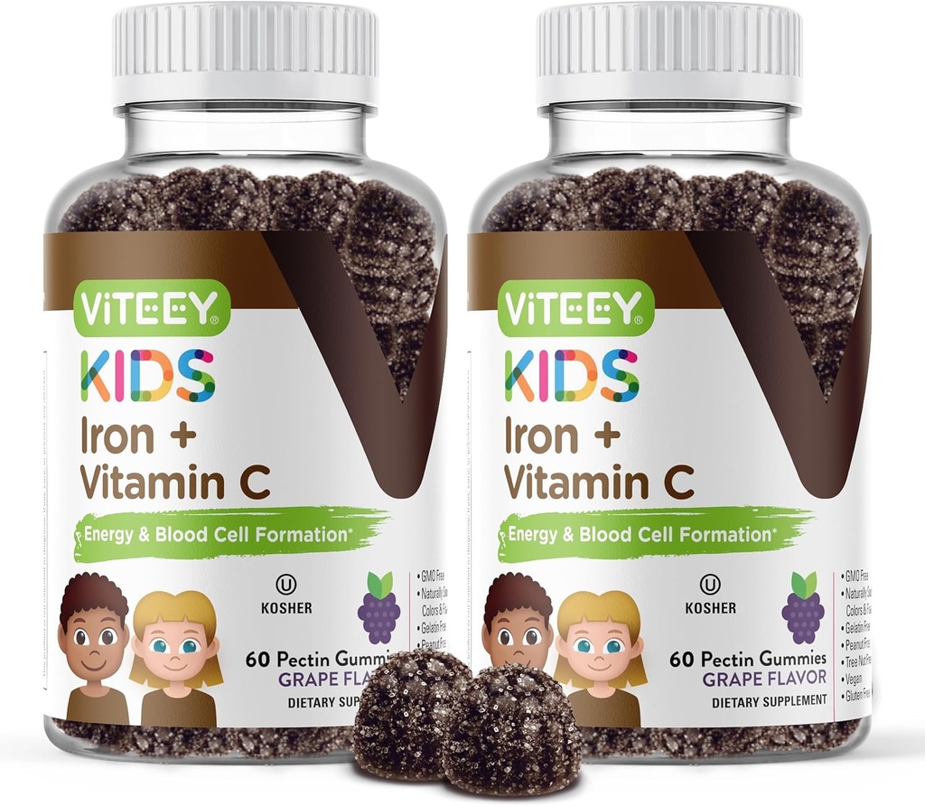 VITEEY Iron for Kids with Vitamin C - Υποστηρίζει την ενέργεια, τη σύνθεση κυττάρων αίματος, Blood Builder Anemia Kids Iron Supplements - Vegan, Gelatin Free, Gluten Free - Νόστιμο Cheastable Grape Flavored Gummy