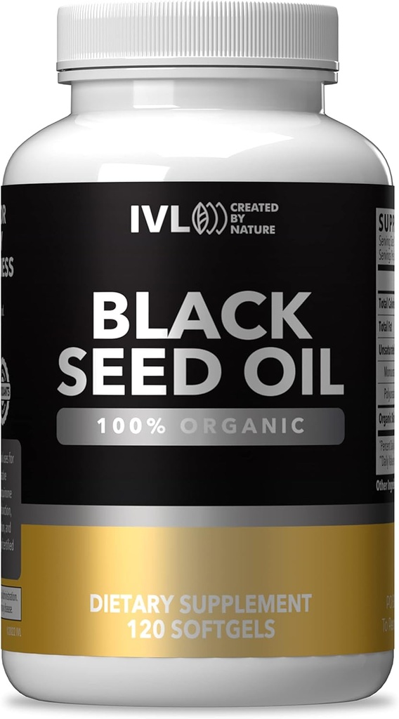 IVL - Organic Black Seed Oil - 120 κάψουλες Softgel - (1000mg ανά Σερβίρισμα) - Pure Cold Pressed Nigella Sativa Seed Oil - Omega 3 6 9, Αντιοξειδωτικά, Thymoquinone - Black Seed Oil Liquid Capsles