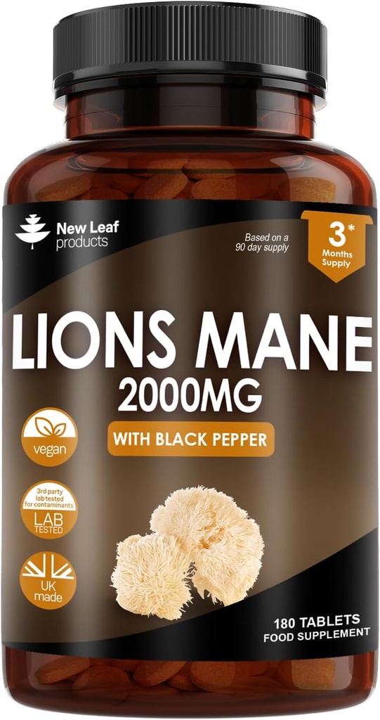 New Leaf Products Lions Mane Mushroom Extract Supplement 2000mg - 180 δισκία Vegan υψηλής αντοχής με Μαύρο Πιπέρι - (όχι σκόνη ή κάψουλες) Made in The UK