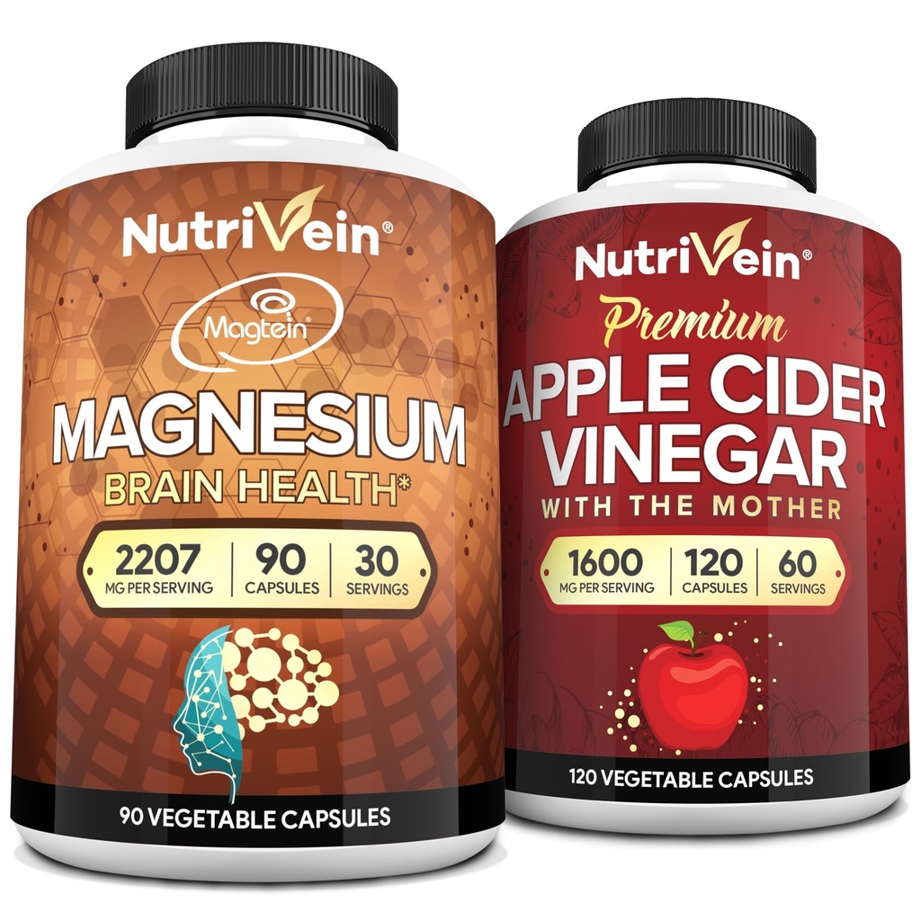 Nutrivein Premium κάψουλες μηλίτη μήλου και μαγνήσιο L-Θρεονικό πακέτο: Υψηλής απορρόφησης Thereonate μαγνήσιο συμπλήρωμα και συμπλήρωμα μηλίτη μηλίτη μήλου για τον εγκέφαλο, την ουροδόχο κύστη, και τη συνολική ευεξία