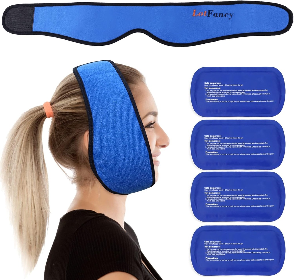 LotFancy Face Ice Pack Wrap για TMJ, Σοφία Δόντια, με 4 Reuseable Ζεστό Ψυχρή Θεραπεία Gel Packs, Πόνος ανακούφιση για το κεφάλι, στοματική και χειρουργική προσώπου, Οδοντιατρικά Εμφυτεύματα, Μπλε