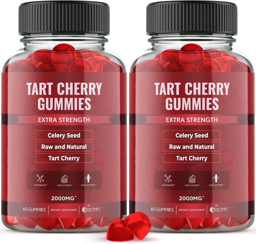 Dr. Emy's Tart Cherry Extract 2,000mg* Gummy Supplement + Celery Seed Extract 400mg*, Ακατέργαστο & Φυσικό – Μη ΓΤΟ - Γλουτένη και Ζελατίνη Δωρεάν Vegan, Κοινή Άνεση Uric Acid Cleanse