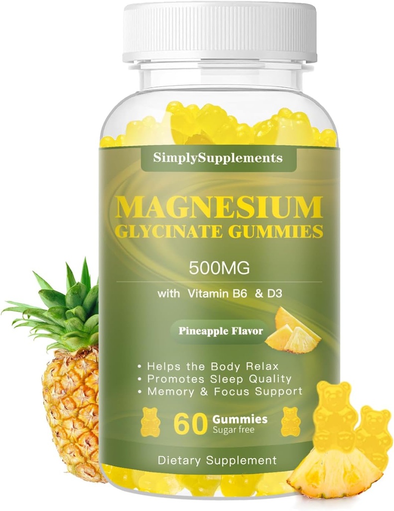 Μαγνήσιο Γλυκινικό Gummies 500mg, Chewable Magnesium Supplement with Vitamin D3, B6, CoQ10, for Relaxation, Sleep & Mood Support, Calm Magnesium Gummy - 60 Ανανάς Gummies