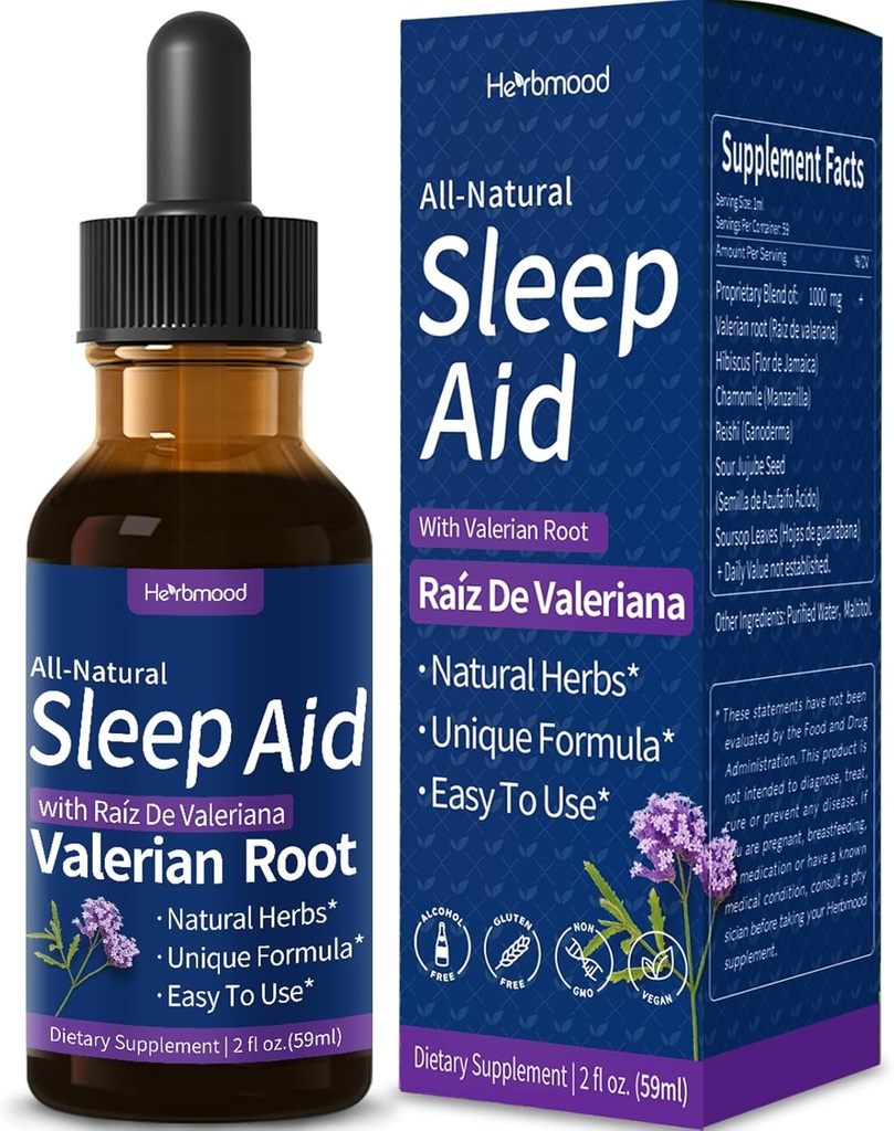 Valerian Root Sleep Support Drops, Gotas de Manzanilla y Flor de Jamaica y Valeriana para Dormir Profundamente, All-Nature Herbal Extract Liquid with Hibiscus & Χαμομήλι. 2oz