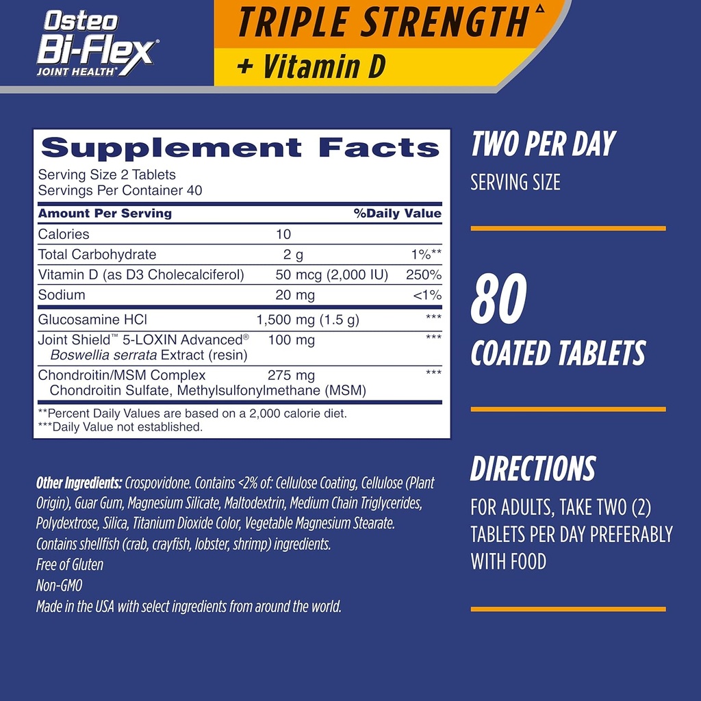 Osteo Bi- Flex Triple Strength(5) με Βιταμίνη D Συμπληρώματα Κοινής Υγείας Χονδροϊτίνης, Επικαλυμμένα δισκία, 80 Count (Pack of 2)