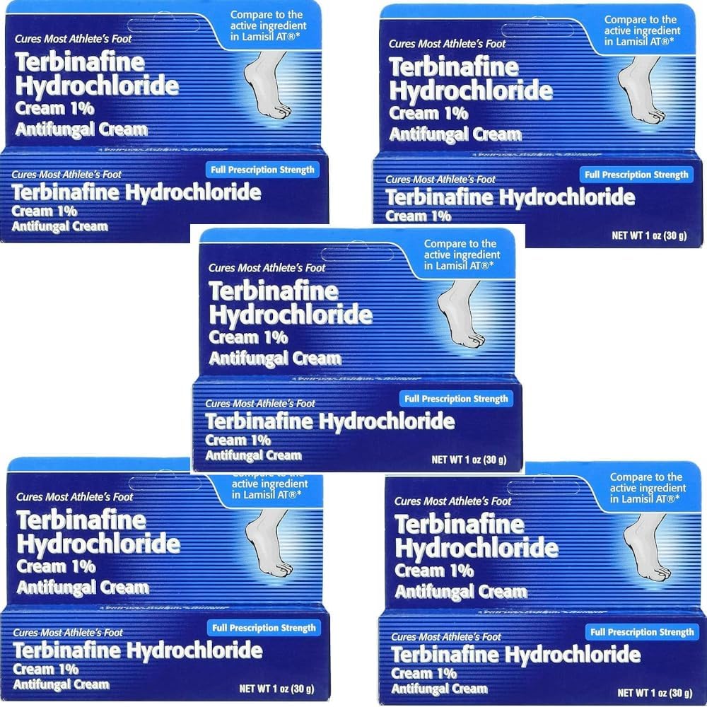 Terbinafine Hydrochloride 1% για θεραπεία ποδιών 1 εβδομάδας Athlete AntiFungal Cream Fast Symptom Relief & Prevents Recurrence 1 oz. (30 g) 5 Pack