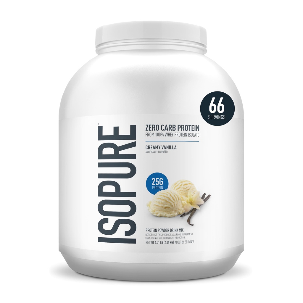 Isopure Zero Carb 100% Pure Whey Isolate Protein Powder, Gluten Free, With Vitamins, Creamy Vanilla, 25g Protein Per Serving, 4.5 Lbs, 66 Servings (Packaging May Vary)