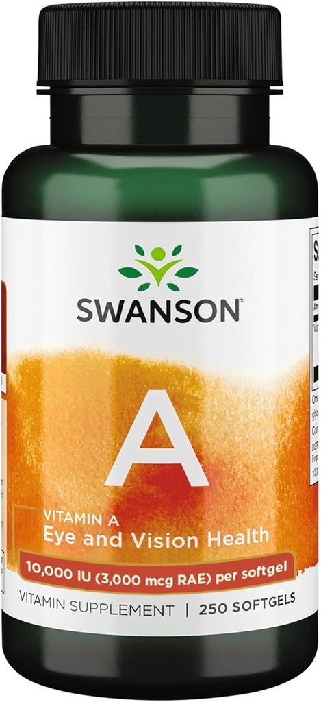 Swanson Vitamin A 10,000 IU (3,000 mcg RAE) Natural Nourishment for Bone, Skin Health, Vision Support & Immune System Function - High Absorption Vitamin A 250 Softgels